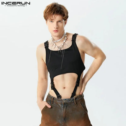 INCERUN 2024 Sexy Stil Strampler Kleidung Herren Solide Schnalle Design Overalls Mode Ausgehöhlt Dünne Ärmellose Bodys S-5XL