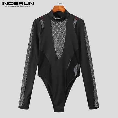 INCERUN Men Bodysuits Mesh Patchwork Transparent Turtleneck Long Sleeve Sexy Rompers T Shirt Men 2023 Fitness Party Bodysuits