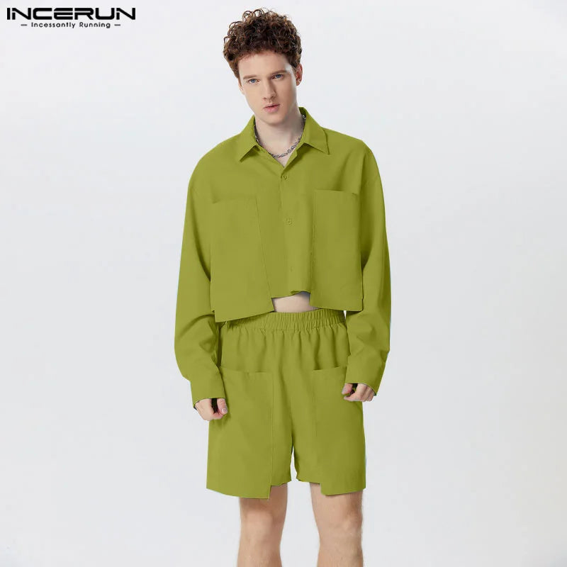 Fashion Well Fitting Sets INCERUN Men Solid Cropped Large Pocket Long Sleeved Shirts Shorts Casual Clubwear Two-piece Sets S-5XL