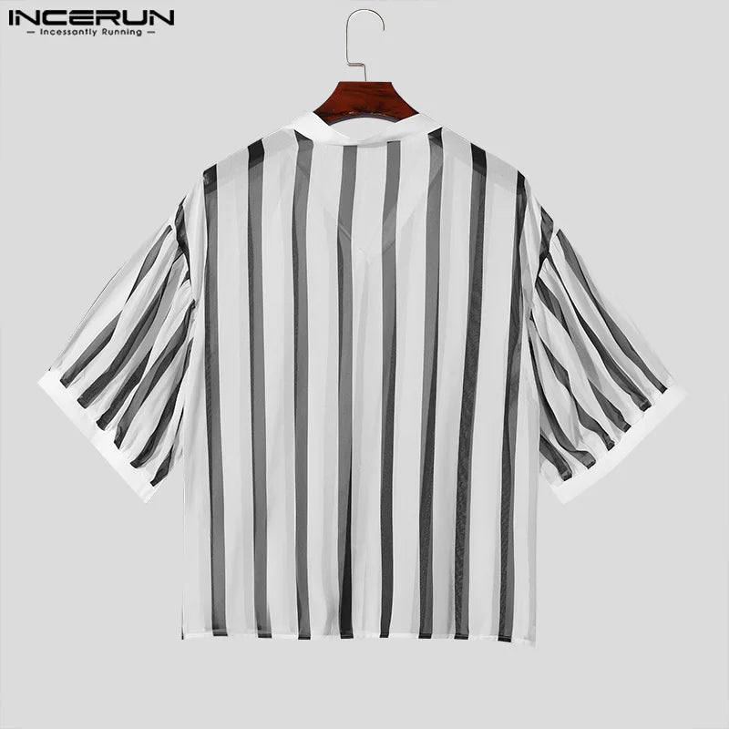 INCERUN Tops 2024 Korean Style Men's Black&White Chiffon Striped Shirts Casual Street Simple V-neck Medium Sleeved Blouse S-5XL