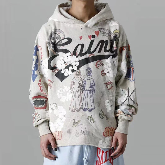 Harajuku Retro Kapok Graffit Casual Hooded Hoodies Men and Women Streetwear Oversized Terry Sweatshirts Loose Hip Hop Hoody