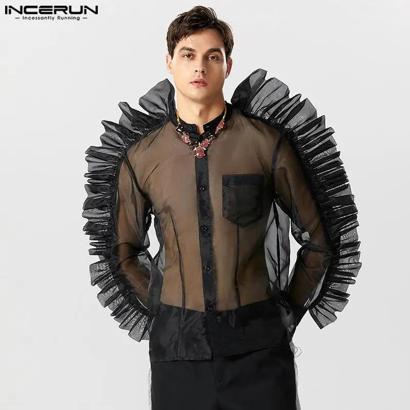 Casual Stylish Style Tops INCERUN Men's Fashion Sexy Pleated Mesh Shirts Handsome Male Patchwork Long Sleeved Blouse S-5XL 2023