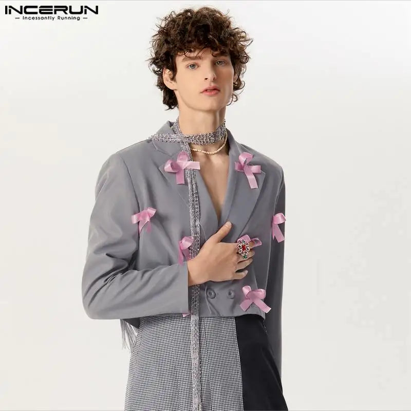 INCERUN Tops 2024 American Style Mens Ribbon Knot Decoration Design Blazer Handsome Male Hot Sale Short Sleeved Suit Coats S-5XL