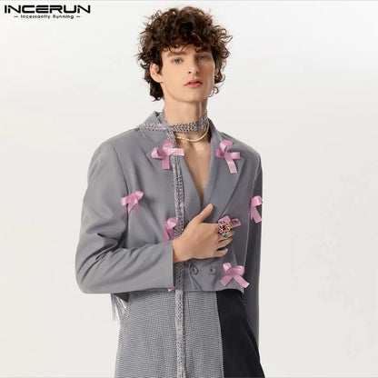 INCERUN Tops 2024 American Style Mens Ribbon Knot Decoration Design Blazer Handsome Male Hot Sale Short Sleeved Suit Coats S-5XL