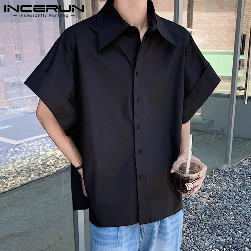 INCERUN Tops 2024 Koreanischen Stil Herren Solide Große Manschette Design Shirts Casual Einfache Sommer Solide Lose Kurzarm Bluse S-5XL