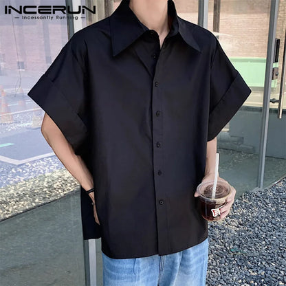 INCERUN Tops 2024 Korean Style Men's Solid Large Cuff Design Shirts Casual Simple Summer Solid Loose Short Sleeved Blouse S-5XL