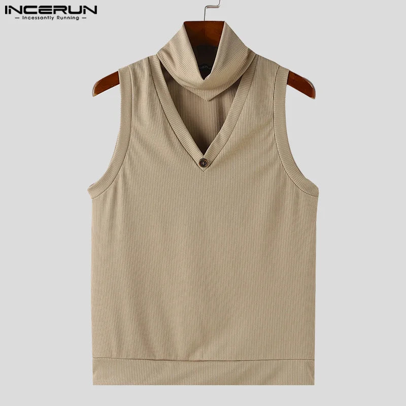 INCERUN Tops 2024 Korean Style Fashion New Mens High Neck Design Vests Casual Streetwear Male Striped Sleeveless Tank Tops S-5XL