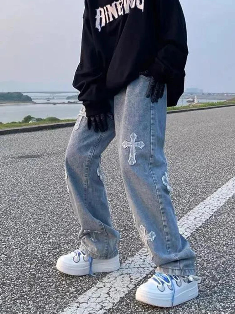 HOUZHOU Gothic Jeans für Männer Goth Denim Hose Männliche Jeanshose Herren Jeanshose Lose Japanische Hip Hop Streetwear Punk Rave