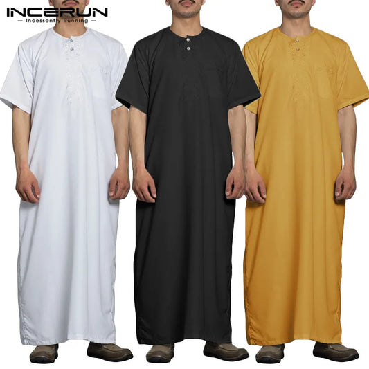 INCERUN Hommes Mode Longues Robes À Manches Courtes Col Rond Robe Homme Vintage Couleur Unie Musulman Kaftan Longues Chemises Décontracté Jubba Thobe