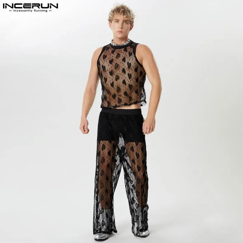 INCERUN 2024 Ensembles élégants de style américain Nouveaux hommes aiment la dentelle Gilets creux Pantalons longs Sexy Casual Hommes Deux pièces Ensembles S-5XL