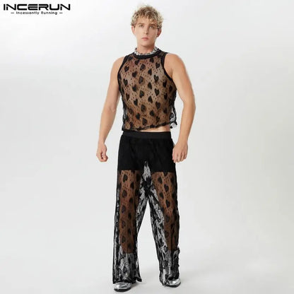 INCERUN 2024 Stilvolle Sets im amerikanischen Stil Neue Männer lieben Spitze ausgehöhlte Westen lange Hosen Sexy Casual Male Zweiteiler Sets S-5XL