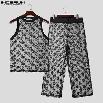 INCERUN 2024 American Style Stylish Sets New Men Love Lace Hollowed Out  Vests Long Pants Sexy Casual Male Two-piece Sets S-5XL