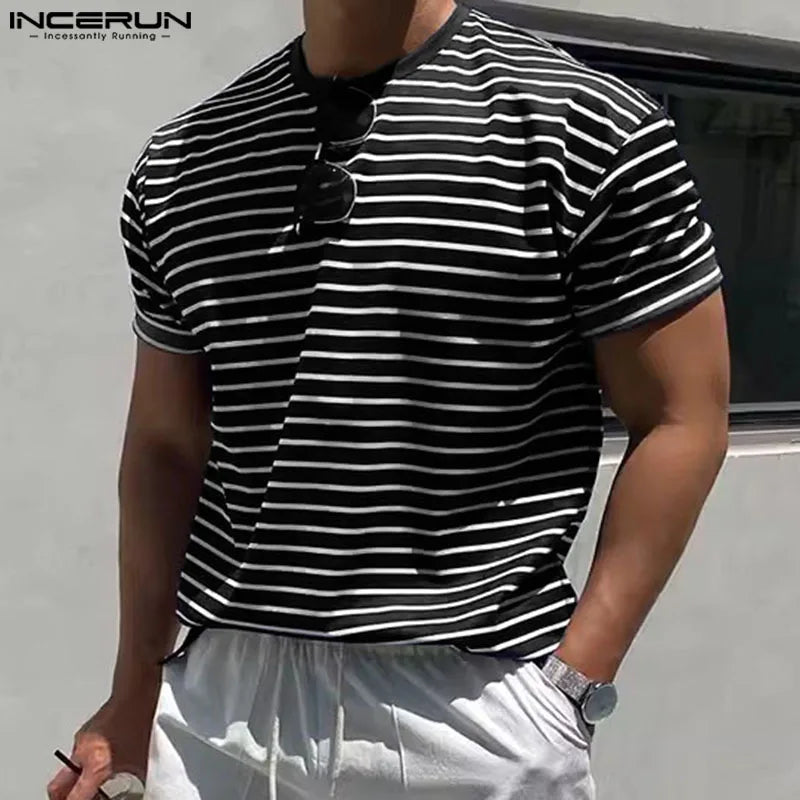 INCERUN Tops 2024 Style coréen Hommes O-cou Rayé Épaule Lâche T-shirts Décontracté Streetwear Élastique À Manches Courtes Camiseta S-5XL