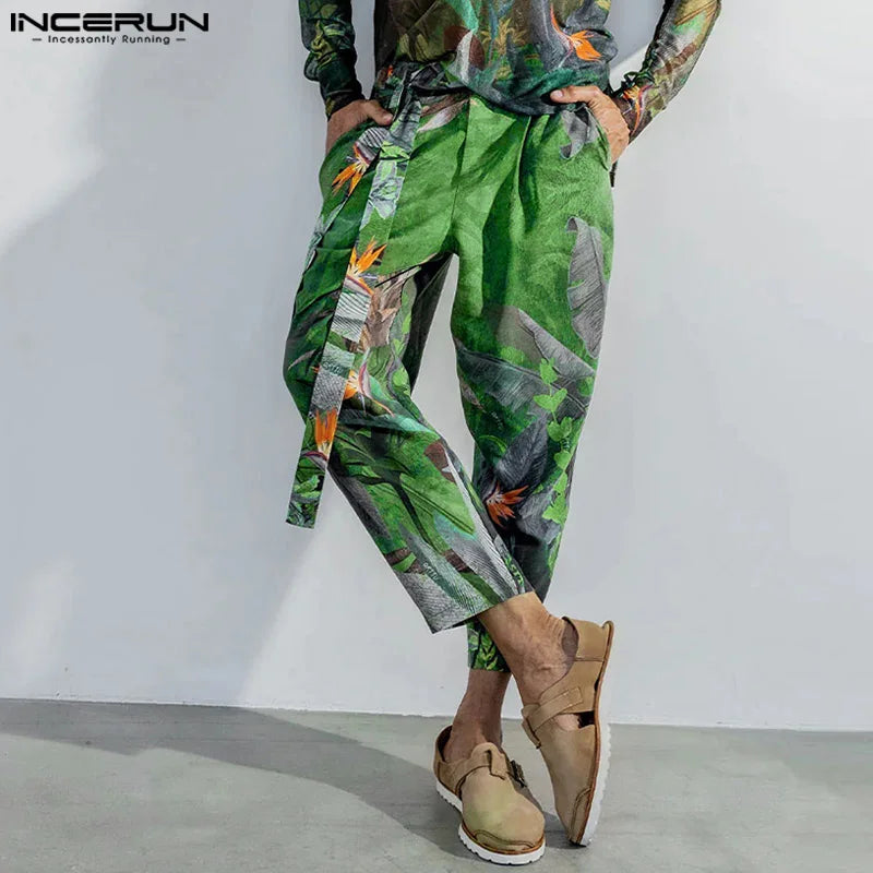 INCERUN 2024 American Style Trousers Stylish New Men Floral Print Long Pant Leisure Streetwear Male Straight Leg Pantalons S-5XL