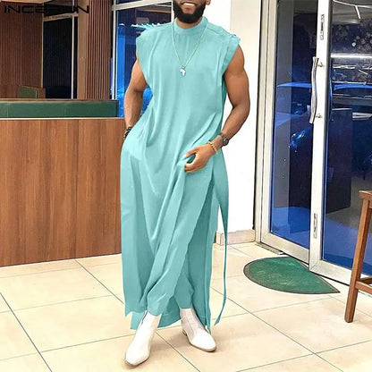 INCERUN 2023 Style musulman nouveaux hommes ensembles style long sans manches débardeurs pantalons décontractés homme bien ajusté solide deux pièces ensembles S-5XL