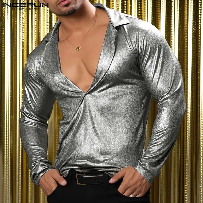 INCERUN Tops 2024 American Style Fashion Mens Large V-neck Glossy Fabric Shirts Casual Clubwear Male Long Sleeved Camiseta S-5XL