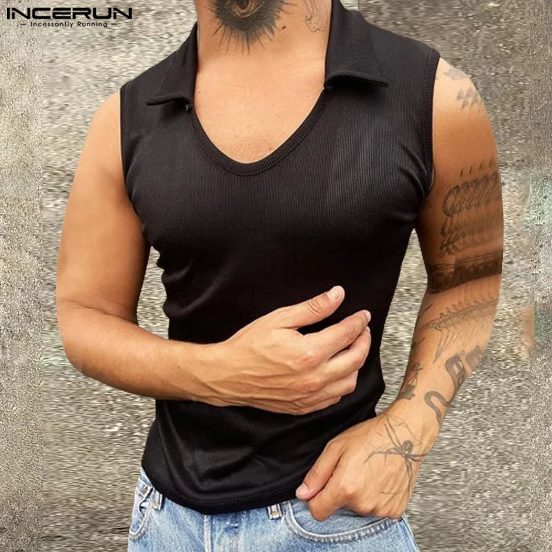 INCERUN Tops 2024 Amerikanischen Stil, Mode, Männer Gestrickte Pit Streifen Engen Elastischen Westen Sommer Sexy Männlichen Solide Revers Tank Tops S-5XL