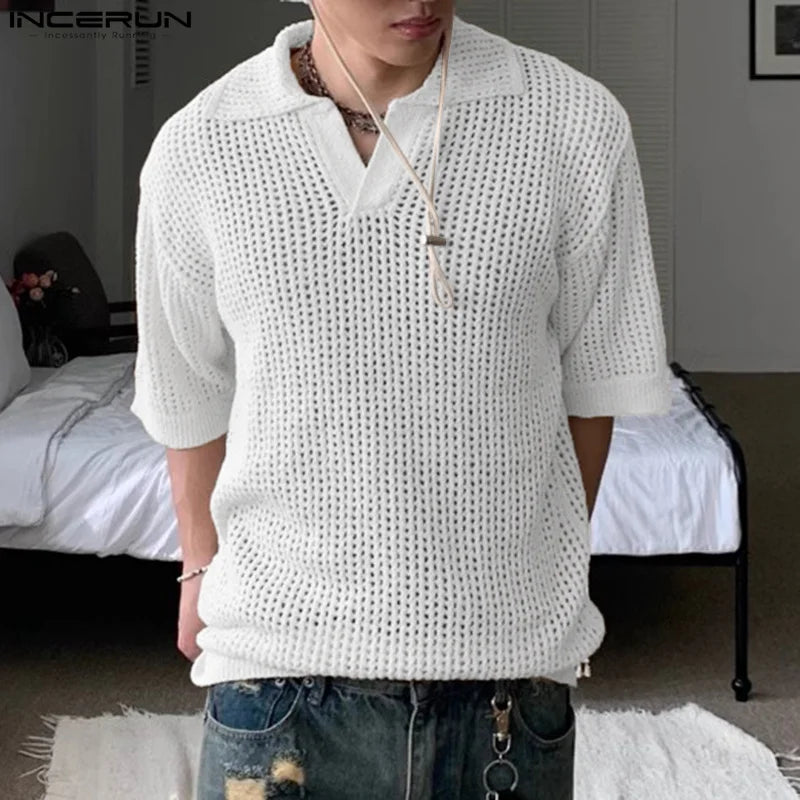 Sexy Fashion Style Tops INCERUN 2024 Mens Solid Mesh Hollow Design Shirts Casual Streetwear Male Half Sleeved Lapel Blouse S-5XL