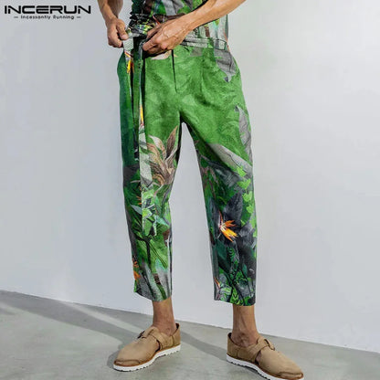 INCERUN 2024 American Style Trousers Stylish New Men Floral Print Long Pant Leisure Streetwear Male Straight Leg Pantalons S-5XL