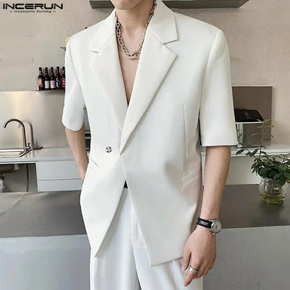 INCERUN Tops 2023 Korean Style Men's Silhouette Shoulder Pads Solid Blazer Casual Party Male All-match Short Sleeved Suit S-5XL