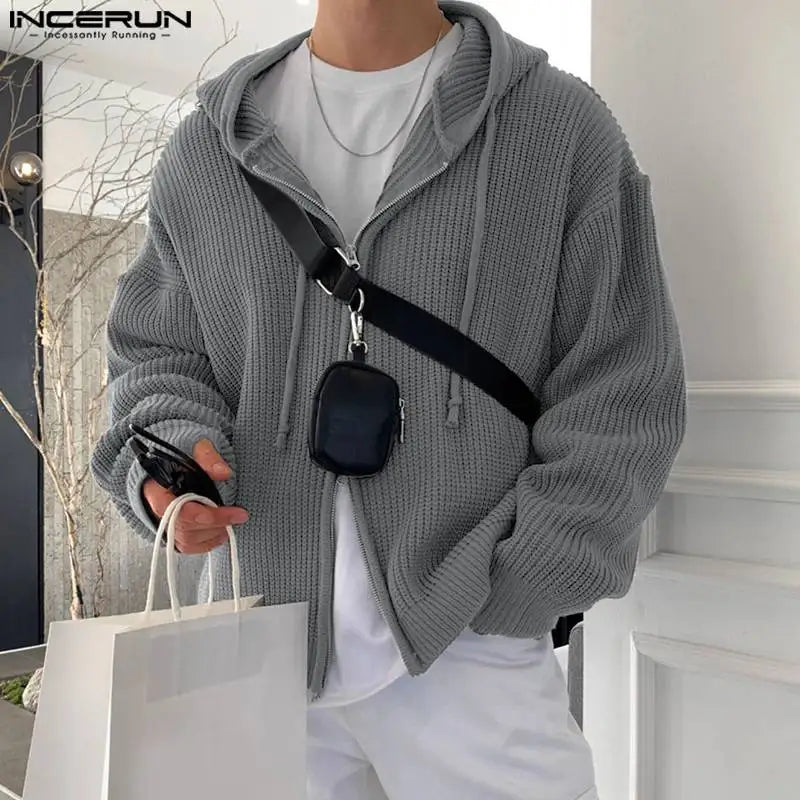 INCERUN Tops 2023 Korean Style Men Hooded Pit Knitted Sweater Casual Streetwear Male Double Head Zipper Long Sleeve Hoodie S-5XL