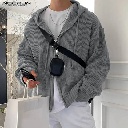 INCERUN Tops 2023 Style coréen hommes à capuche Pit tricoté pull décontracté streetwear mâle double tête fermeture éclair à manches longues à capuche S-5XL