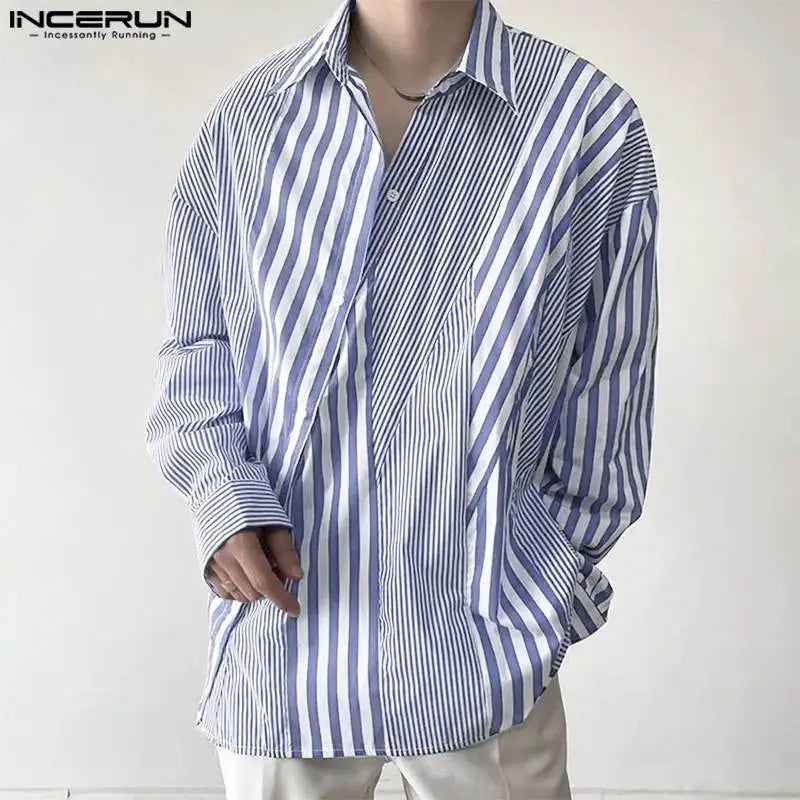 Handsome Well Fitting Tops INCERUN Men's Striped Patchwork Design Shirts Casual Fashionable Male Long Sleeved Lapel Blouse S-5XL