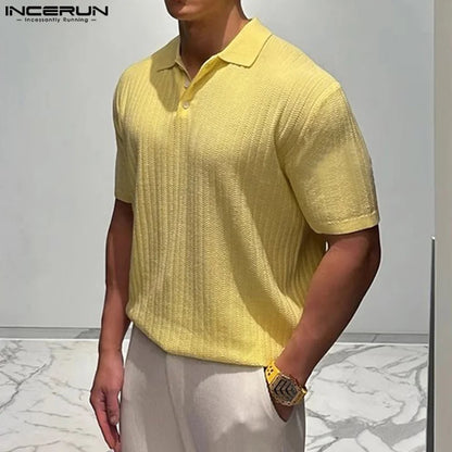 INCERUN Tops 2024 Korean Style Men Summer Texture Knitted Design Shirts Casual Streetwear Solid Short Sleeved Lapel Blouse S-5XL