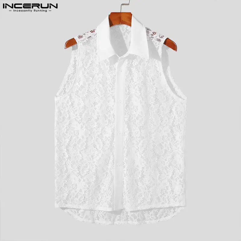 INCERUN Tops 2024 Style coréen Mode Hommes Perspective Dentelle Conception Florale Chemise Sexy Été Mince Sans Manches Revers Chemisier S-5XL