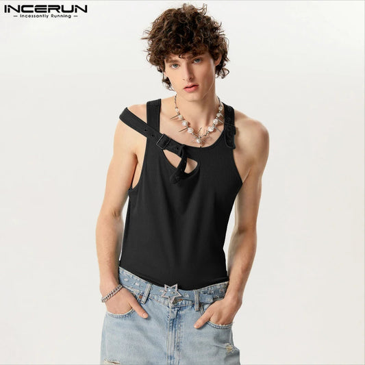 Fashion Casual Style Tops INCERUN 2024 New Mens Fashion Deconstruction Design Vests Streetwear Solid Knitted Pit Tank Tops S-5XL