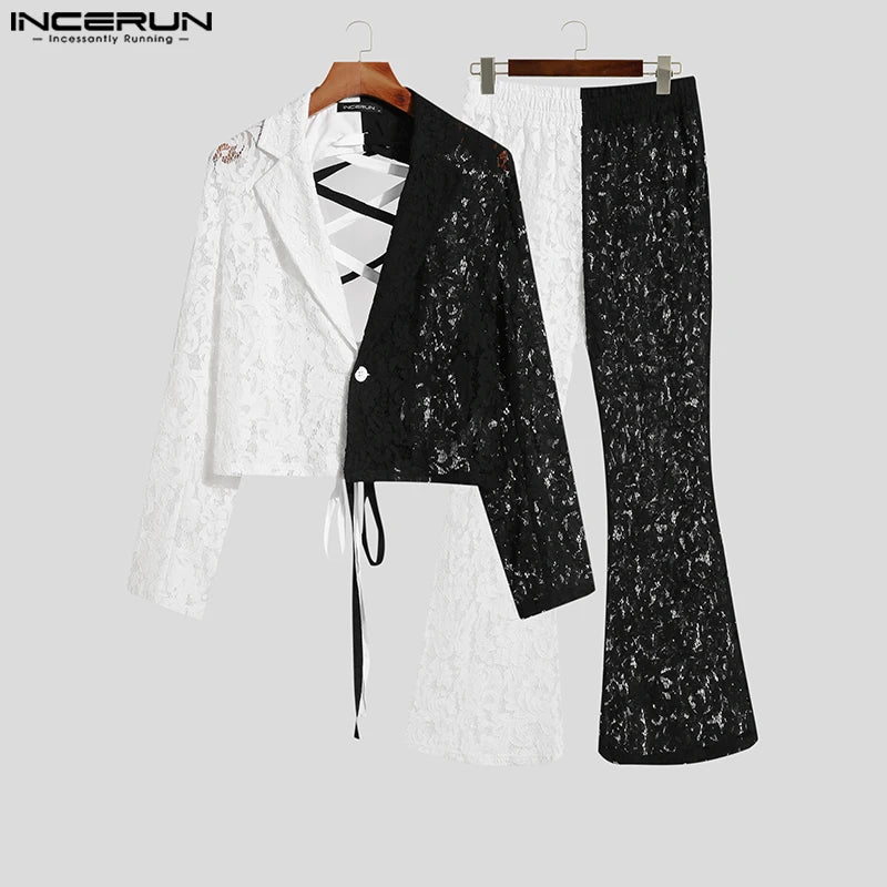 Fashion Casual Style Sets INCERUN Handsome Men's Black White Contrast Color Lace Hollow Short Suit Trousers Suit 2 Pieces S-5XL