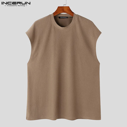 Fashion Well Fitting Tops INCERUN Men's Solid Pit Stripe Texture Vests Summer Casual Streetwear Loose Sleeveless Tank Tops S-5XL