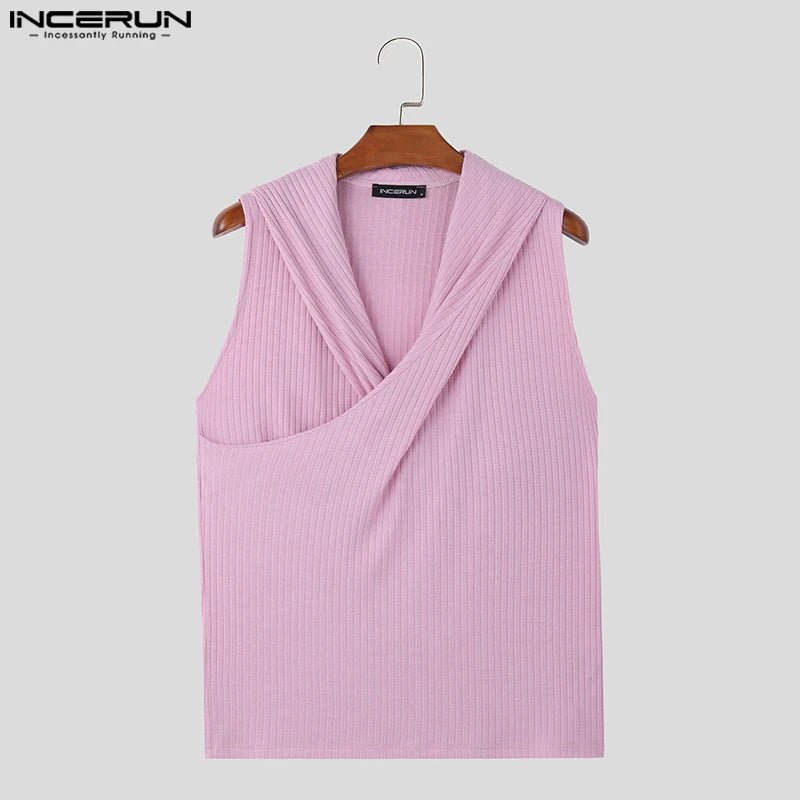 Fashion Well Fitting Tops INCERUN Mens Solid Striped Lapel Vests Summer Casual Streetwear Simple Sleeveless Tank Tops S-5XL 2024