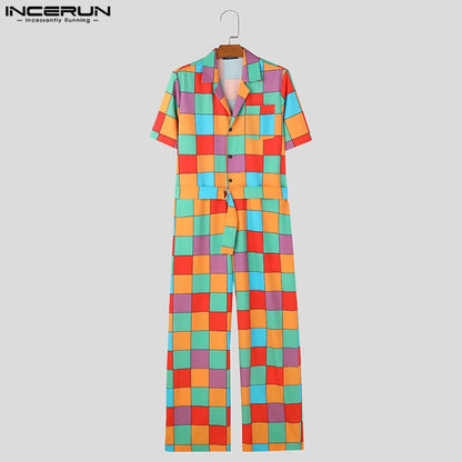 INCERUN 2024 American Style Bodysuits Fashion Men's Colored Block Design Jumpsuit Casual Personality Short Sleeved Rompers S-5XL