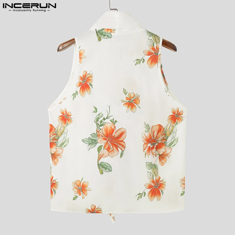 Fashion Casual Style Tops INCERUN New Mens Floral Print Pattern Vests Summer Holiday Male Hot Sale Tie Neck Tank Tops S-5XL 2024