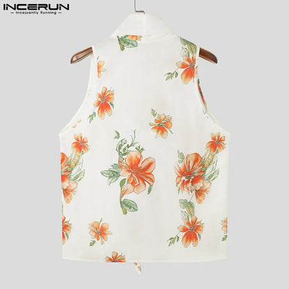 Fashion Casual Style Tops INCERUN New Mens Floral Print Pattern Vests Summer Holiday Male Hot Sale Tie Neck Tank Tops S-5XL 2024