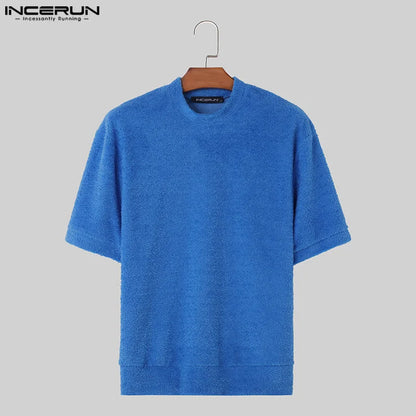 INCERUN Tops 2024 Korean Style Men Solid Texture Design T-shirts Casual Streetwear Male Hot Selling Short Sleeved Camiseta S-5XL