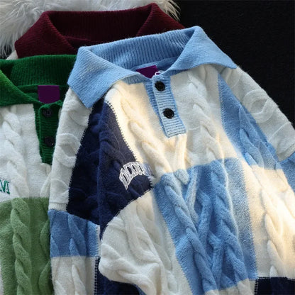 HOUZHOU Vintage Plaid Green Knitted Sweater Men Checked Pullover Y2K Blue Sweaters Men's Winter Harajuku Japanese Streetwear