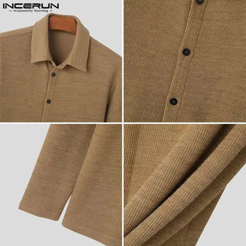 Fashion Well Fitting Tops INCERUN Men's Solid Striped Texture Shirt Casual Streetwear Simple Male Long Sleeved Blouse S-5XL 2024