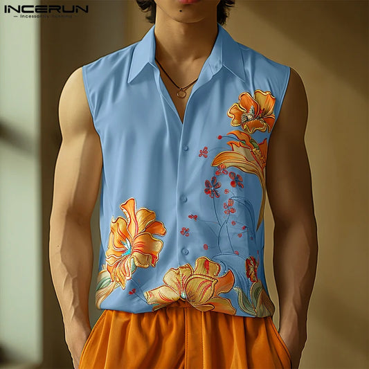 INCERUN Tops 2024 Korean Style Fashion Men's Floral Printed Design Shirts Casual Personality Male Sleeveless Lapel Blouse S-5XL