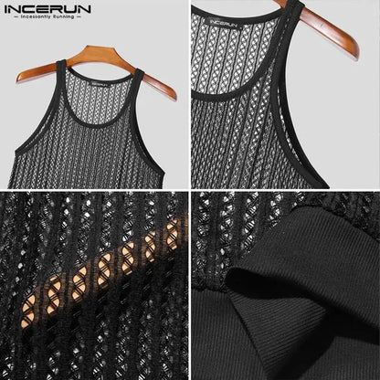 INCERUN Tops 2024 Style Américain Mode Nouveaux Hommes Creux Maille Perspective Gilets Sexy Mince Confortable Sans Manches Débardeurs S-5XL