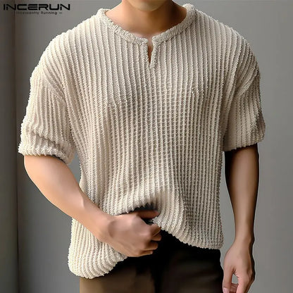 INCERUN Tops 2024 Korean Style New Men's O-neck Pit Stripe Striped T-shirts Casual Streetwear Male Short Sleeved Camiseta S-5XL