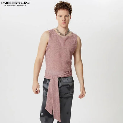 Stylish Well Fitting Tops INCERUN Men's Sparkling Strap Design Vests Sexy Casual Male Cropped Pleated Sleeveless Tank Tops S-5XL