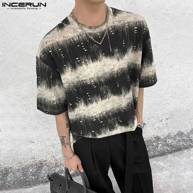 INCERUN Tops 2024 Korean Style Handsome Fashion Men Gradient Striped T-shirt Casual Streetwear Male Short Sleeved Camiseta S-5XL