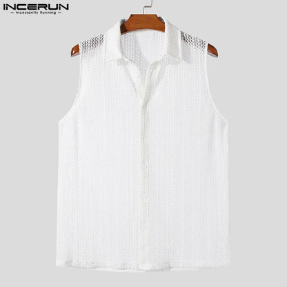 Summer Street Styke Tops INCERUN Men's Retro Streetwear Hollowed Design Shirts Streetwear Hot Sale Solid Sleeveless Blouse S-5XL