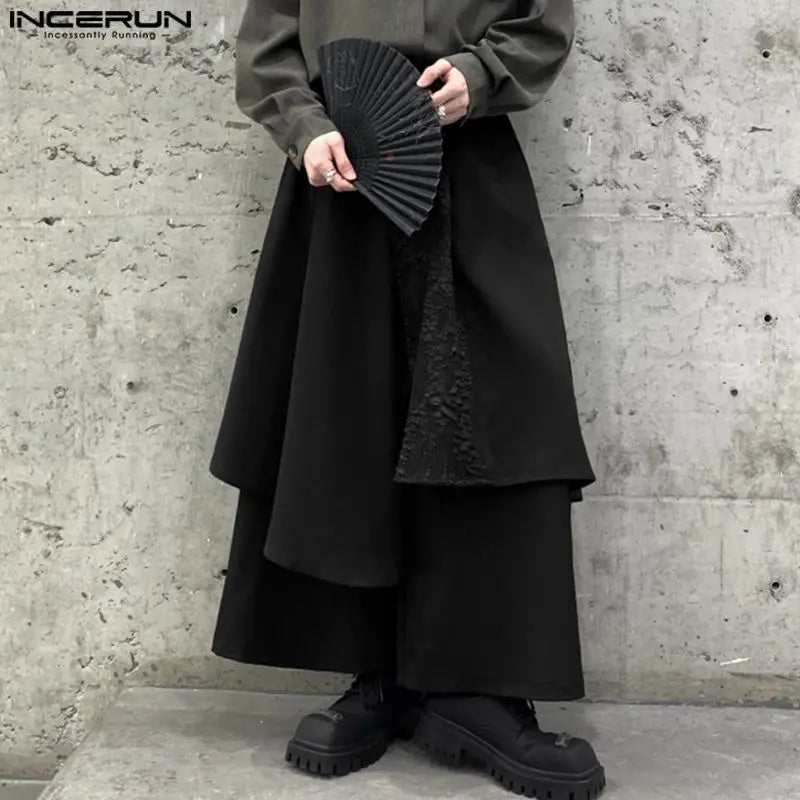 INCERUN 2024 Korean Style Mens Trousers Irregular Patchwork Texture Pantalons Casual Streetwear Wide Leg Skirts Long Pants S-5XL