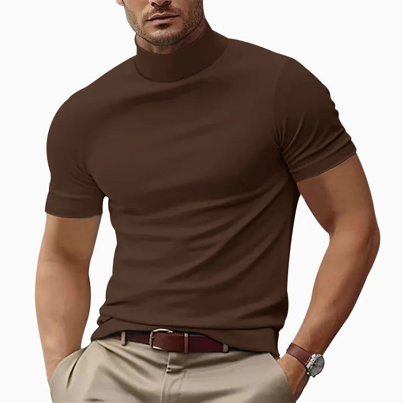 T-shirt décontracté d'été pour hommes, mode col semi-haut, slim, couleur unie, col de base, couleur unie, style simple