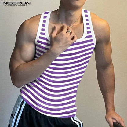 INCERUN Männer Gestreiften Tank Tops Quadrat Kragen Ärmelloses Fitness Sommer Männlichen Westen Streetwear 2024 Mode Casual Männer Kleidung