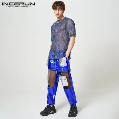 2023 Fashion Men Pants Patchwork Mesh Transparent Elastic Waist Trousers Men Joggers Streetwear Personality Pantalon INCERUN 7