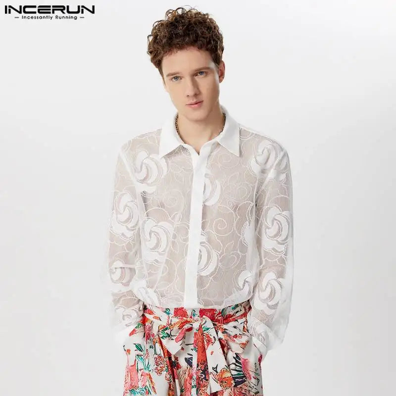 Sexy Stylish Style Tops INCERUN New Mens Lace Floral Mesh Hollow See-through Shirts Male Clubwear Thin Long Sleeved Blouse S-5XL